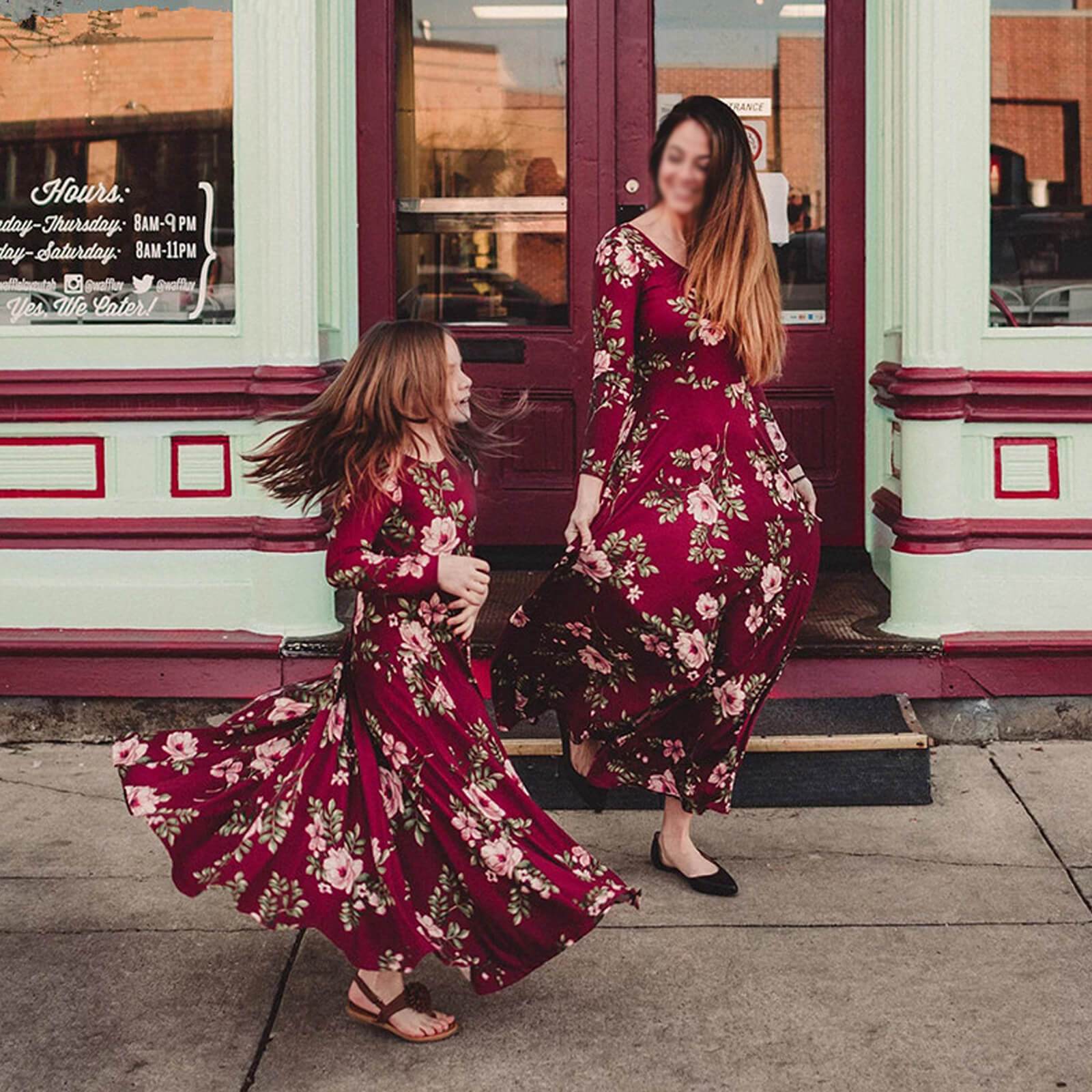 Mommy and Me Matching Dress Long Sleeve Casual Floral Printed Plaid Costume