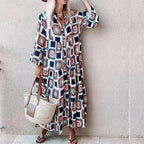 Floral & Geo Print V Neck Flounce Sleeve Maxi Dress