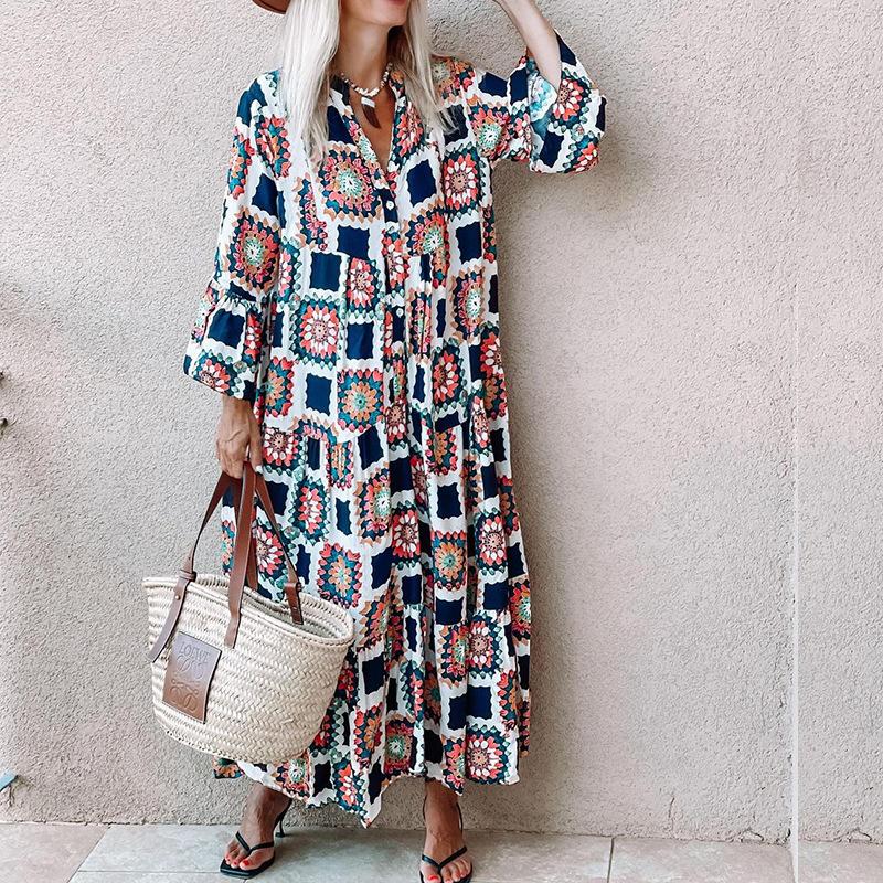 Floral & Geo Print V Neck Flounce Sleeve Maxi Dress