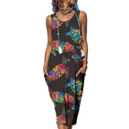 Sea Turtle Print Round Neck Pocket Patched Sleeveless Dress