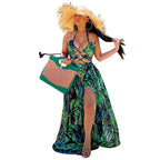 Tropical Print Lace Up Front Split Thigh Sexy Maxi Dress
