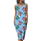Sea Turtle Print Round Neck Pocket Patched Sleeveless Dress