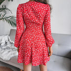Puff Sleeve Chiffon Dress High Waist Floral Printed Dress