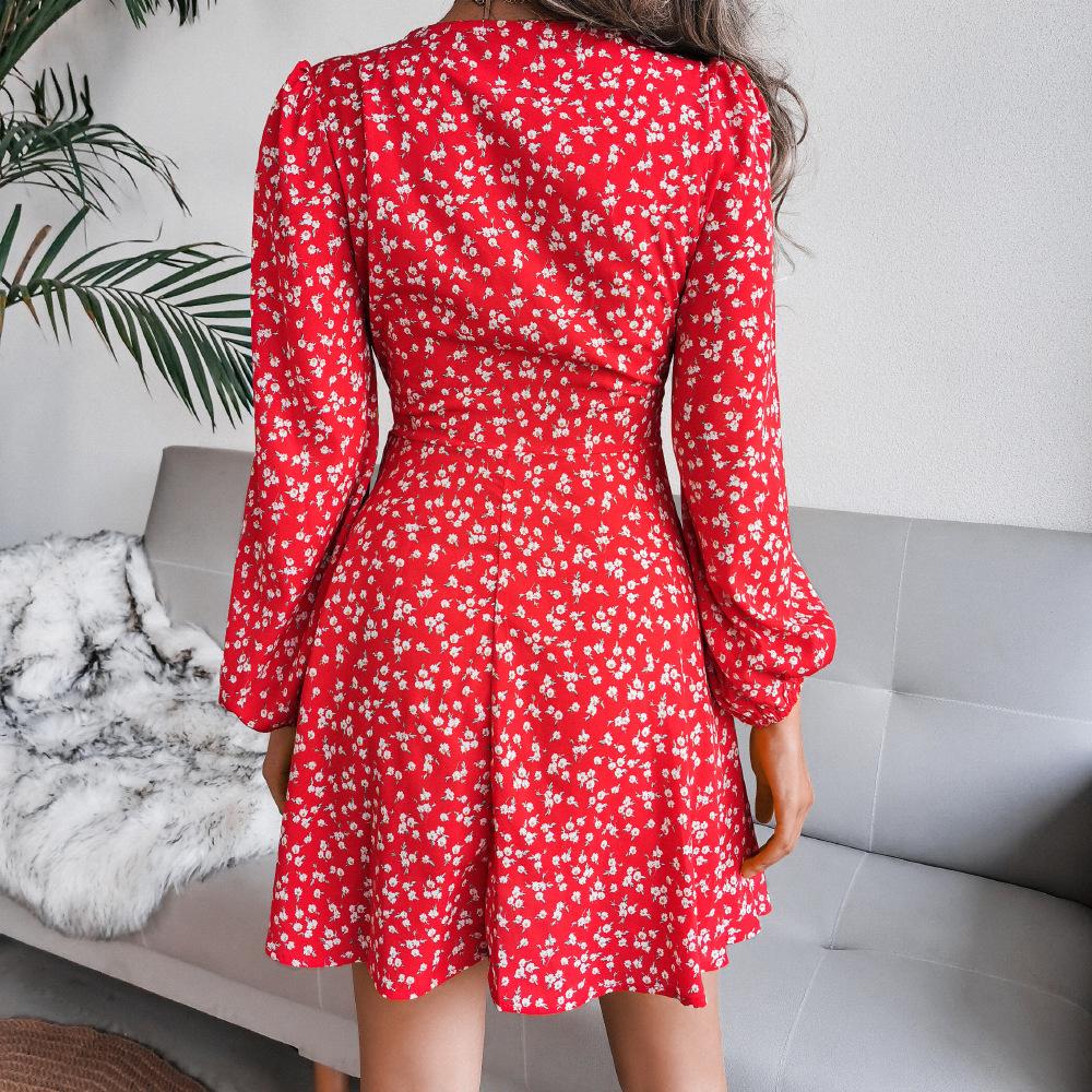 Puff Sleeve Chiffon Dress High Waist Floral Printed Dress