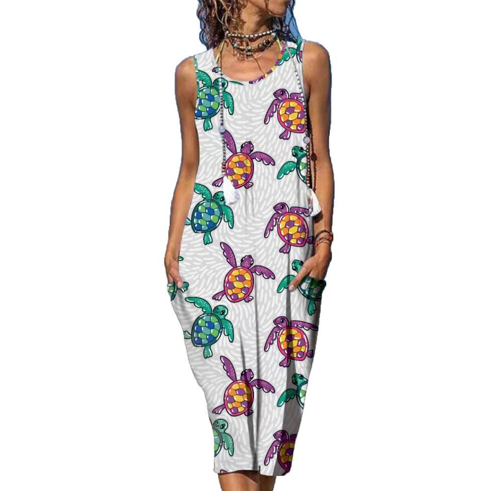 Sea Turtle Print Round Neck Pocket Patched Sleeveless Dress