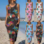 Sea Turtle Print Round Neck Pocket Patched Sleeveless Dress