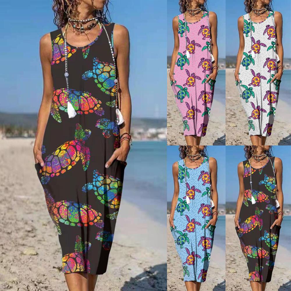Sea Turtle Print Round Neck Pocket Patched Sleeveless Dress