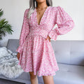 Elegent Chiffon Dress Floral Printed Deep V-neck Midi Party Dress