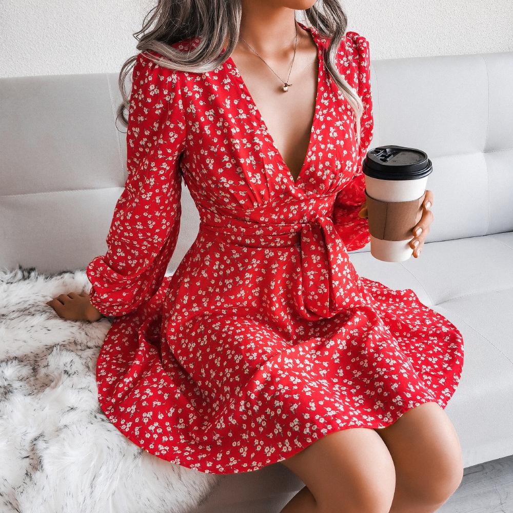 Puff Sleeve Chiffon Dress High Waist Floral Printed Dress