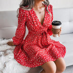 Puff Sleeve Chiffon Dress High Waist Floral Printed Dress