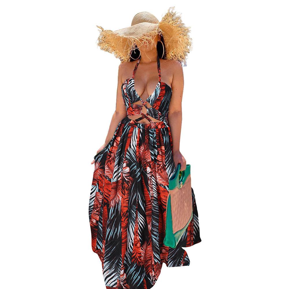 Tropical Print Lace Up Front Split Thigh Sexy Maxi Dress