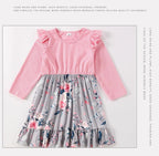 Mommy and Me Casual Dress Baby Grils Adult Long Sleeve Pink Flower Dress