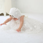 Baby Girls White Embroidered Satin Ribbon Tulle Christening Dress Bonnet Baptism Dress 0-24M