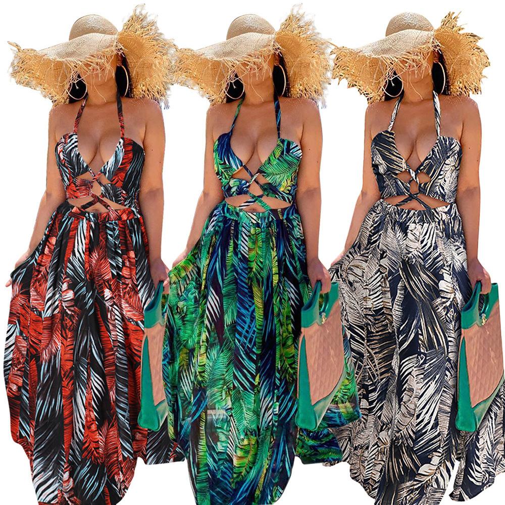 Tropical Print Lace Up Front Split Thigh Sexy Maxi Dress