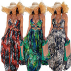 Tropical Print Lace Up Front Split Thigh Sexy Maxi Dress