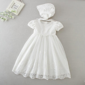 Short Sleeve Baby Girl Christening Gown with Bonnet Ball Gown Infant Dresses