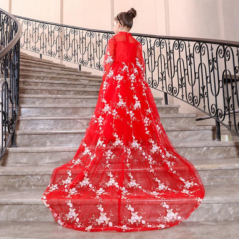 Girls Red Trailing Pageant Dress Fancy Floral Formal Evening Costume Prom Dress