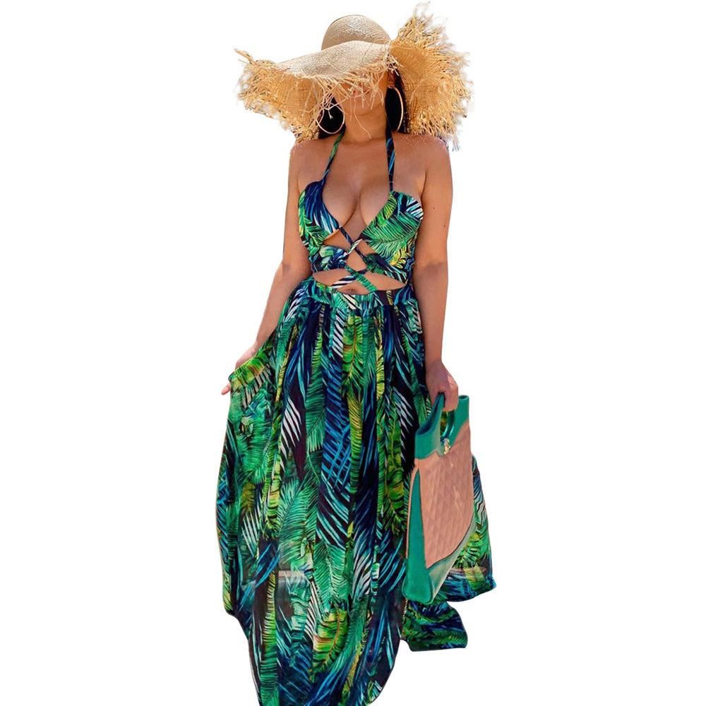 Tropical Print Lace Up Front Split Thigh Sexy Maxi Dress