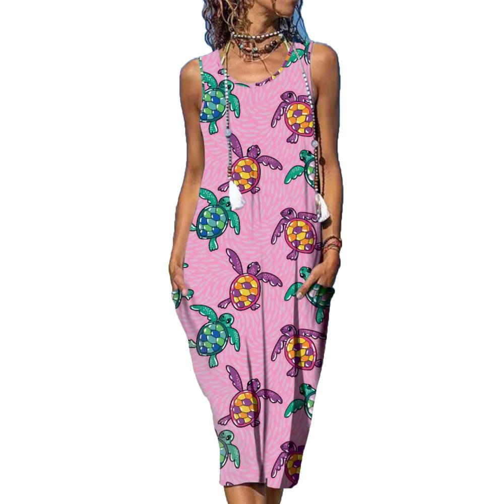Sea Turtle Print Round Neck Pocket Patched Sleeveless Dress