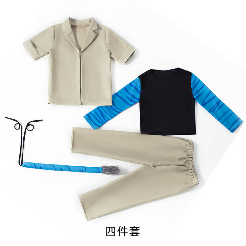 Kids Jake Sully Costume Halloween Cosplay Outfit Top Pants Tail and Shirt 4pcs Suit