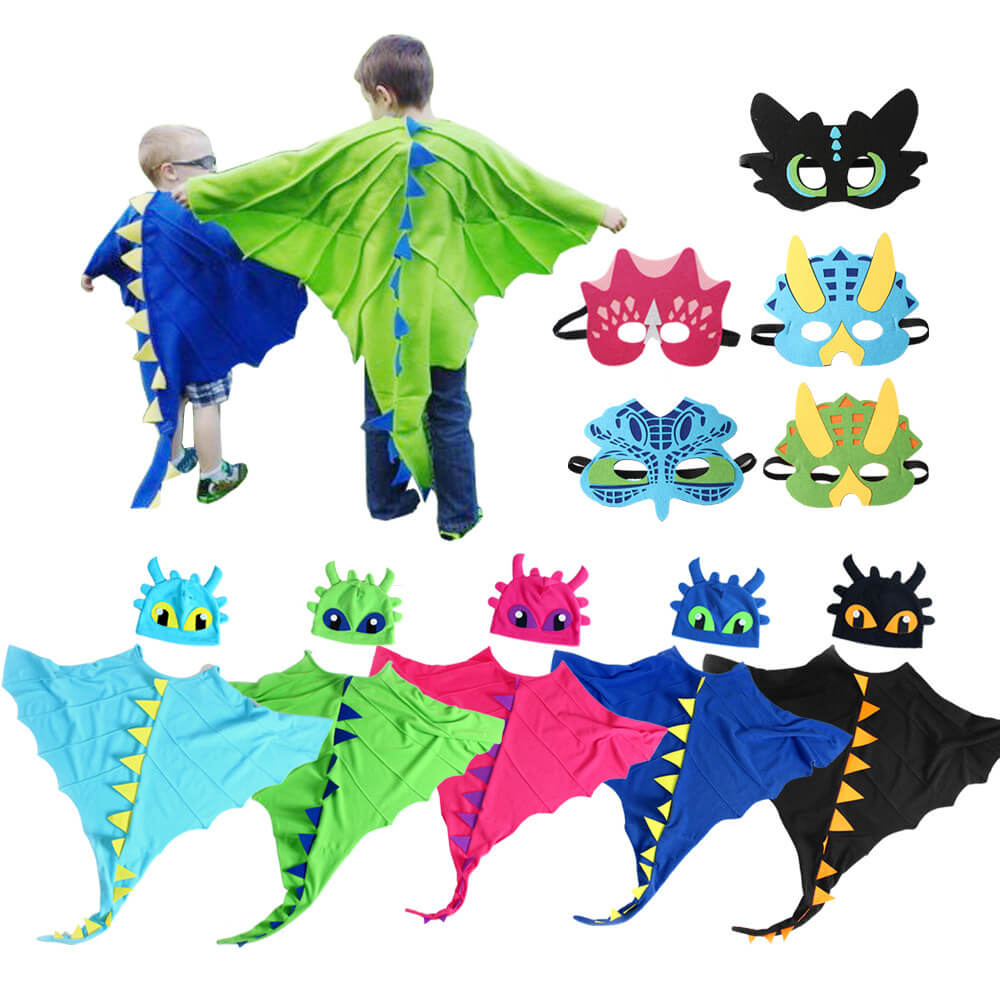Kids Dragon Cloak with Hat Mask 3pcs Dinosaur Cosplay Costume Cape for Halloween Party