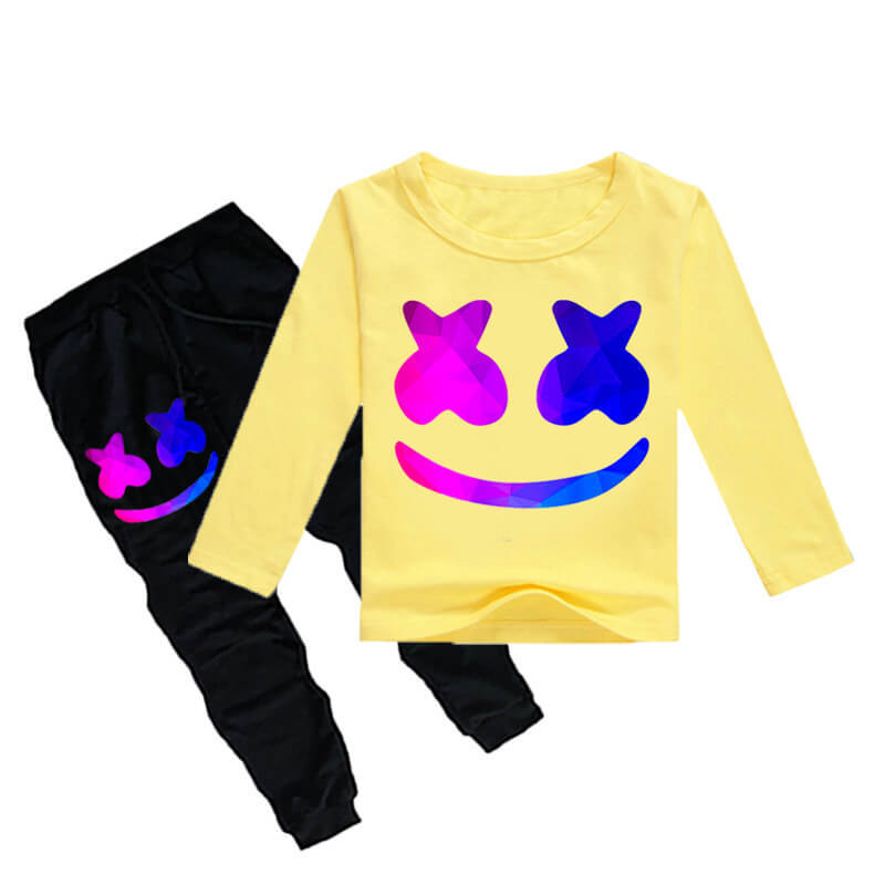 Boys Girls DJ Marshmallo Costume Smile Face Casual Tops and Pants 2pcs Sweatshirt Suit for Kids