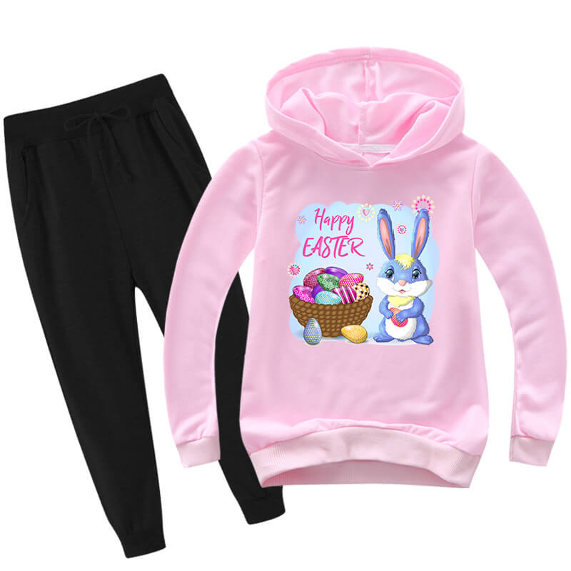 Kids Easter Hoodie Pants Cute Bunny with Eggs Casual Costume Two Piece Set Boys Girls Easter Outfit