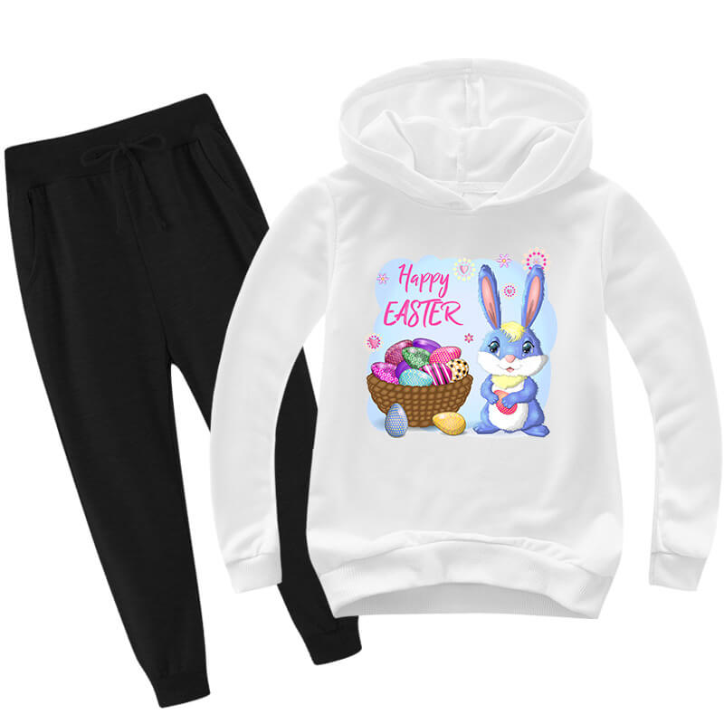 Kids Easter Hoodie Pants Cute Bunny with Eggs Casual Costume Two Piece Set Boys Girls Easter Outfit