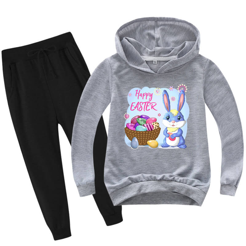 Kids Easter Hoodie Pants Cute Bunny with Eggs Casual Costume Two Piece Set Boys Girls Easter Outfit
