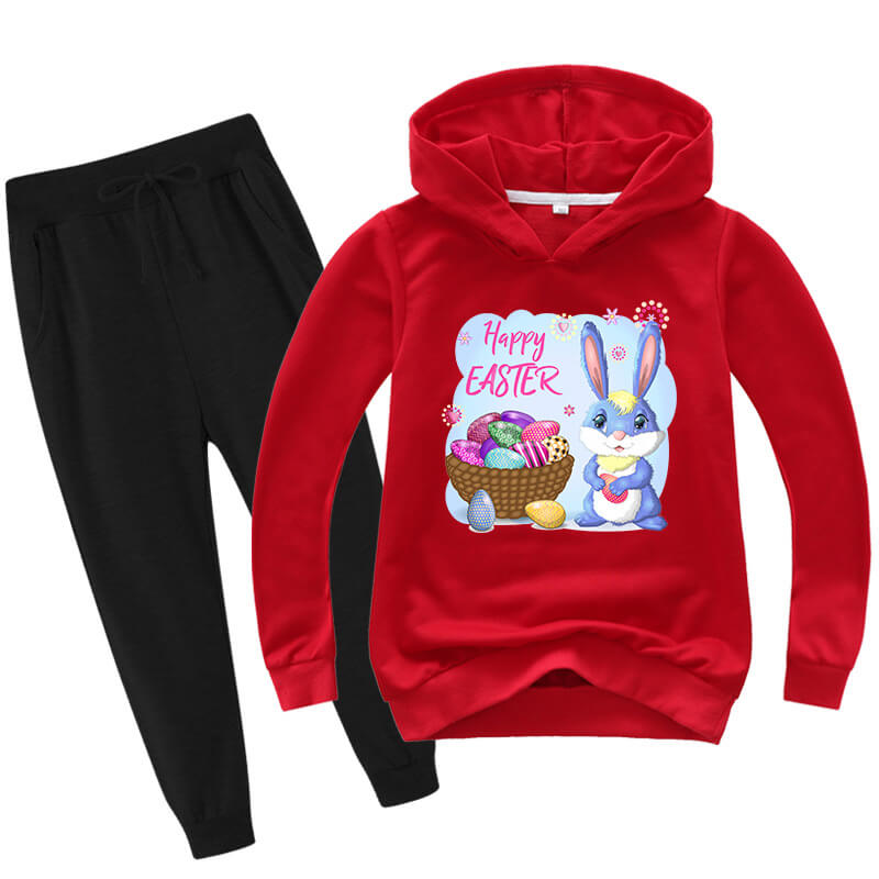 Kids Easter Hoodie Pants Cute Bunny with Eggs Casual Costume Two Piece Set Boys Girls Easter Outfit