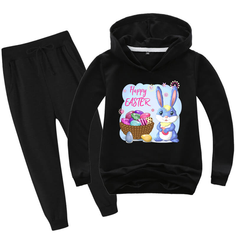 Kids Easter Hoodie Pants Cute Bunny with Eggs Casual Costume Two Piece Set Boys Girls Easter Outfit
