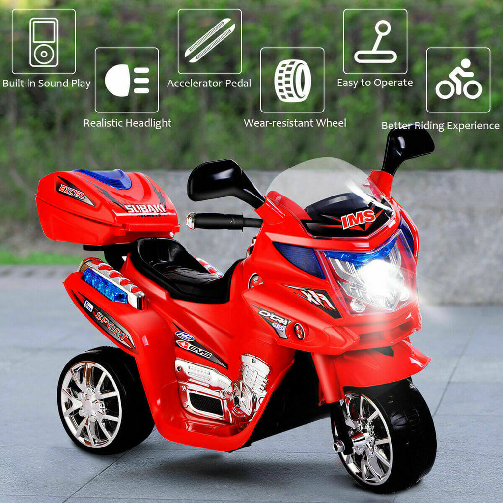 6V Electric Ride-on Motorcycle Kids 3 Wheels Ride on Car with Music, Horn and Headlights