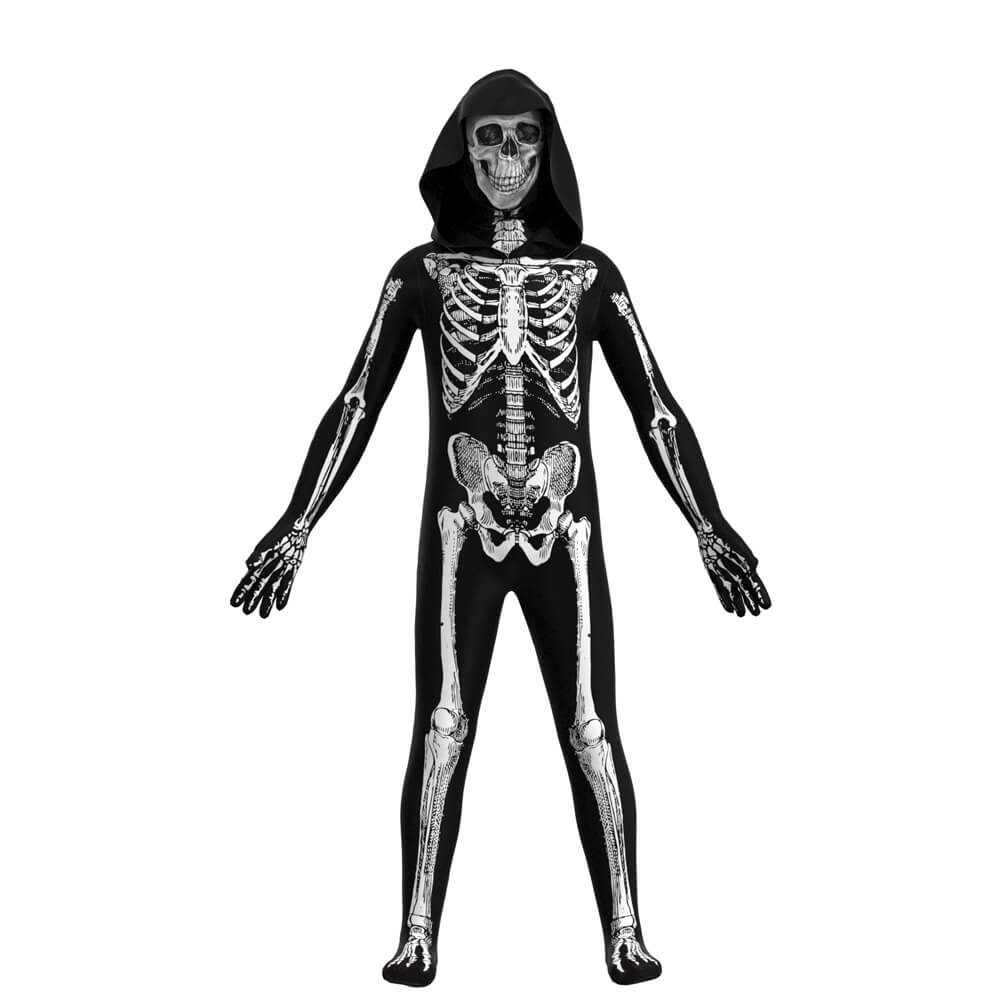 Kids Scary Skeleton Costume Halloween Jumpsuit and Mask Skull Outfit for Girls Boys