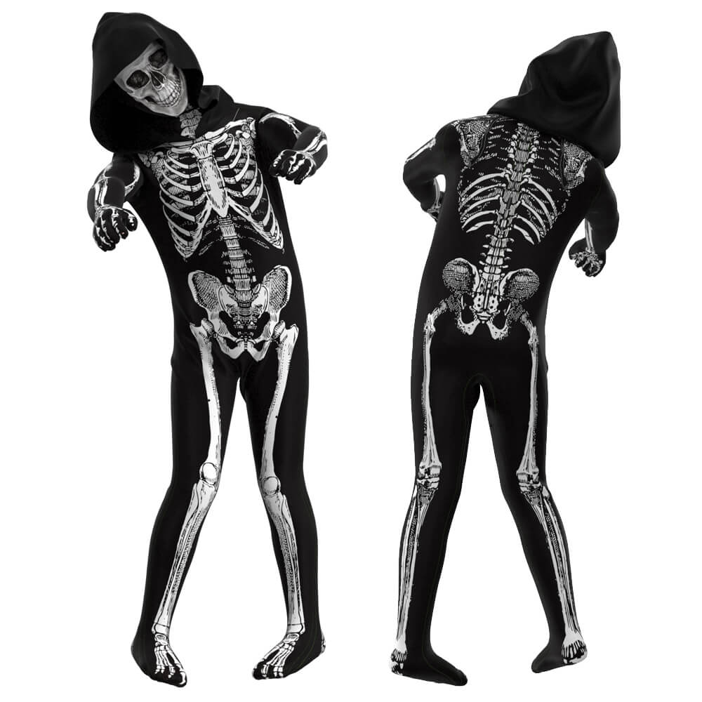 Kids Scary Skeleton Costume Halloween Jumpsuit and Mask Skull Outfit for Girls Boys