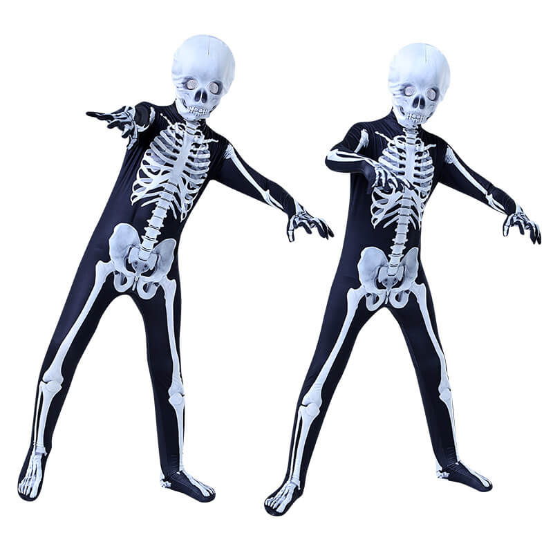 Kids Scary Skeleton Costume Halloween Jumpsuit and Mask Skull Outfit for Girls Boys
