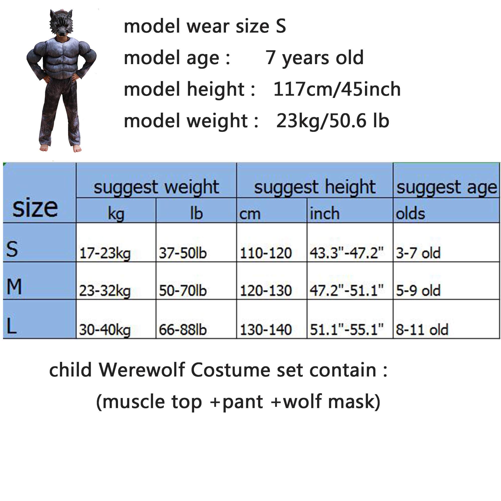Child Muscle Wolf Suits Werewolf Costume with Mask for Boys Kids Halloween Monster Dress up