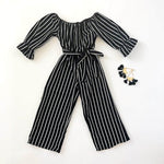 Matching Daughter Mother Off-Shoulder Outfits Striped Puff Sleeve Jumpsuit