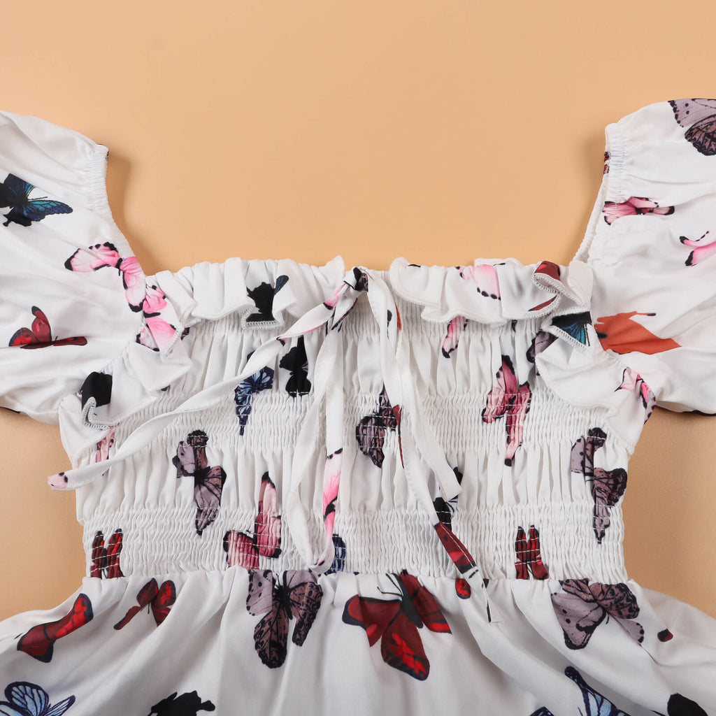 Mommy and Me Matching Dresses Butterfly Printed Puff Sleeve Dress Casual Family Matching Outfit