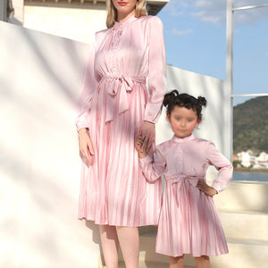 Pink Mommy and Me Dress Long Sleeve Elagant Matching Outfits