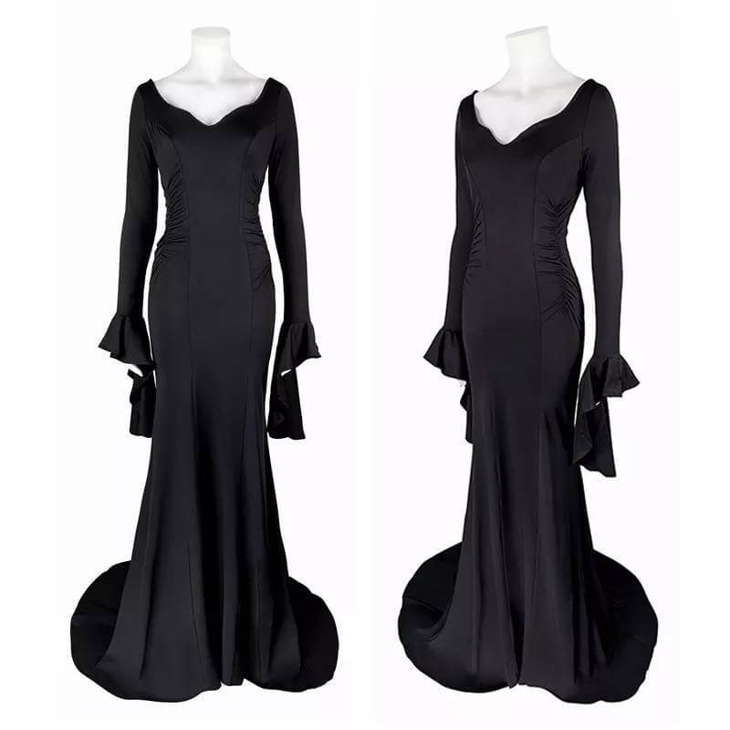 Morticia Addams Dress Adult Floor Length Evening Gown Costume Black Gothic Morticia Party Dress