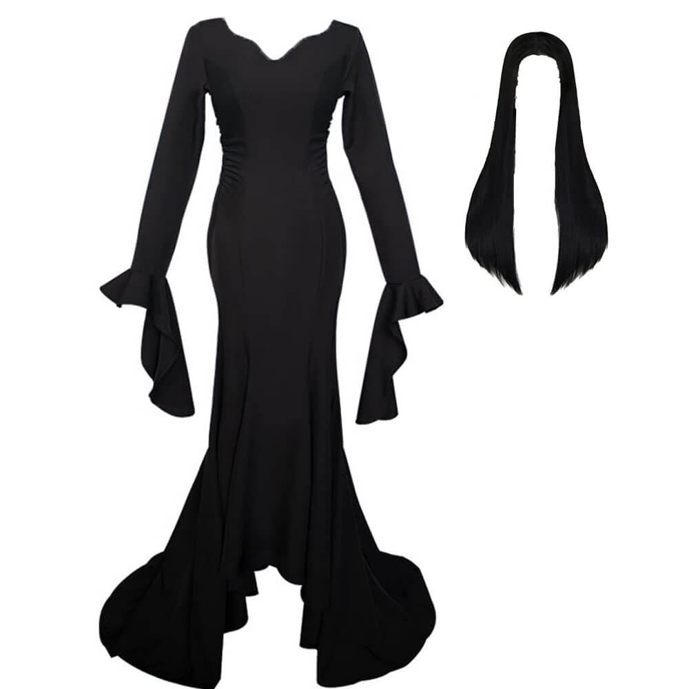 Morticia Addams Dress Adult Floor Length Evening Gown Costume Black Gothic Morticia Party Dress