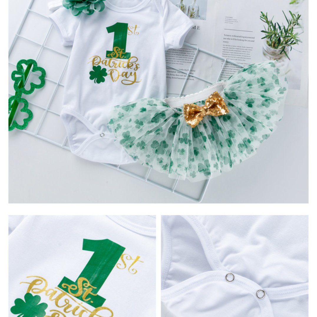 Baby Girl 1st St Patrick's Day Outfit Romper Flower Tutu Skirt and Headwear Suit