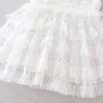 Sequined Baby Girl Christening Dress Layered Lace Sleeveless Toddler Dress and Bonnet