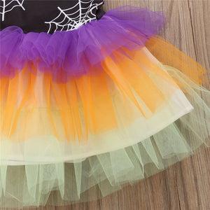 Toddler Girls Halloween Party Spider Web Lace Patchwork Petal  Colorful Tutu Dress