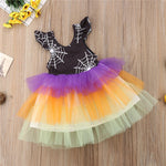 Toddler Girls Halloween Party Spider Web Lace Patchwork Petal  Colorful Tutu Dress