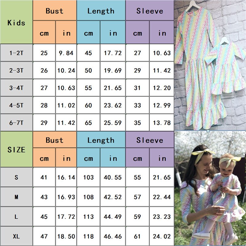 Mommy and Me-Mother Daughter Family Matching Rainbow Dress Striped Ruffles Dresses
