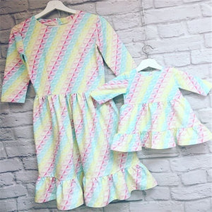 Mommy and Me-Mother Daughter Family Matching Rainbow Dress Striped Ruffles Dresses