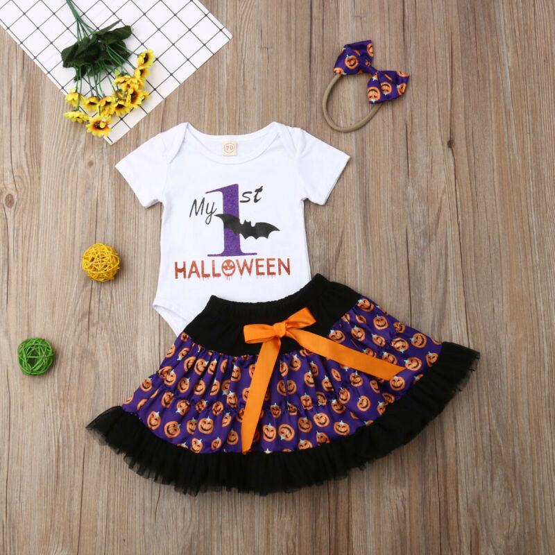 Baby Girl 1st Halloween Dress Romper Tutu Dress with Headband 3PCS Outfit