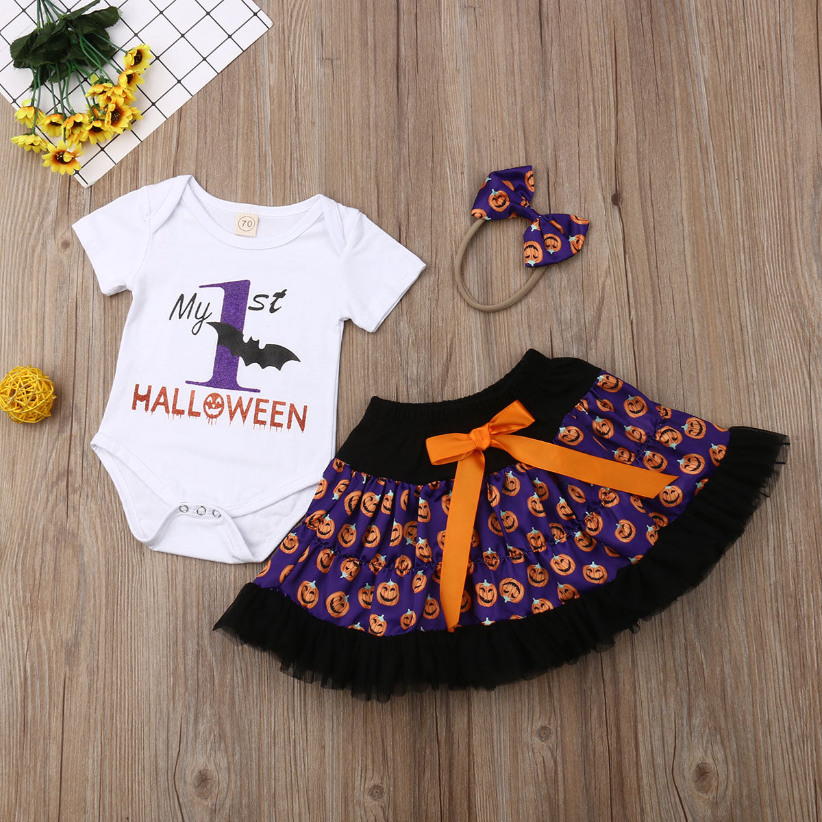 Baby Girl 1st Halloween Dress Romper Tutu Dress with Headband 3PCS Outfit