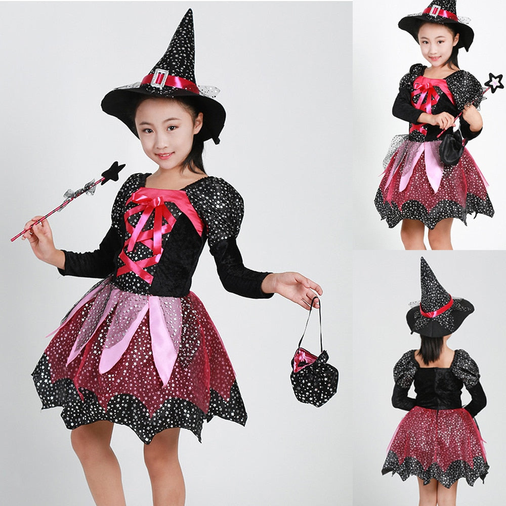 Kids Girls Halloween Costume Dress Hat Bag Stick Outfit 4Pcs